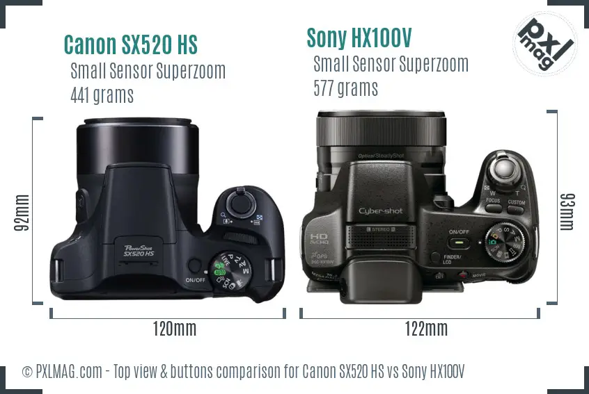 Canon SX520 HS vs Sony HX100V top view buttons comparison