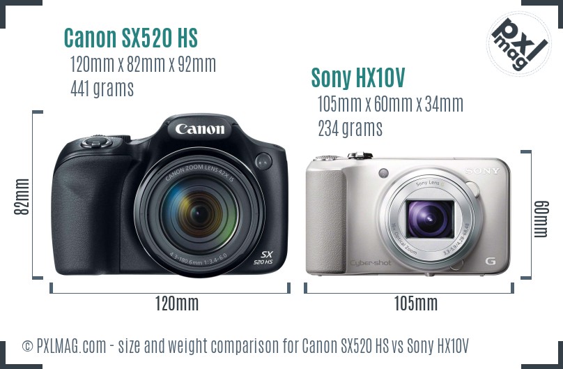 Canon SX520 HS vs Sony HX10V size comparison