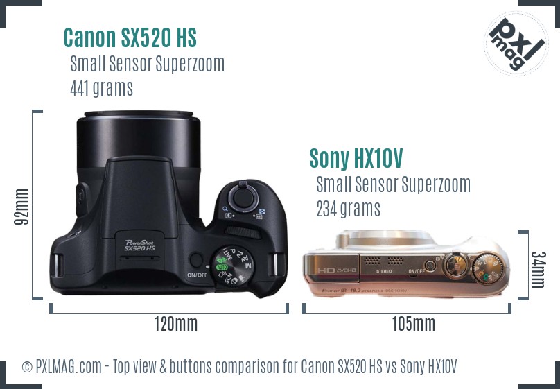 Canon SX520 HS vs Sony HX10V top view buttons comparison