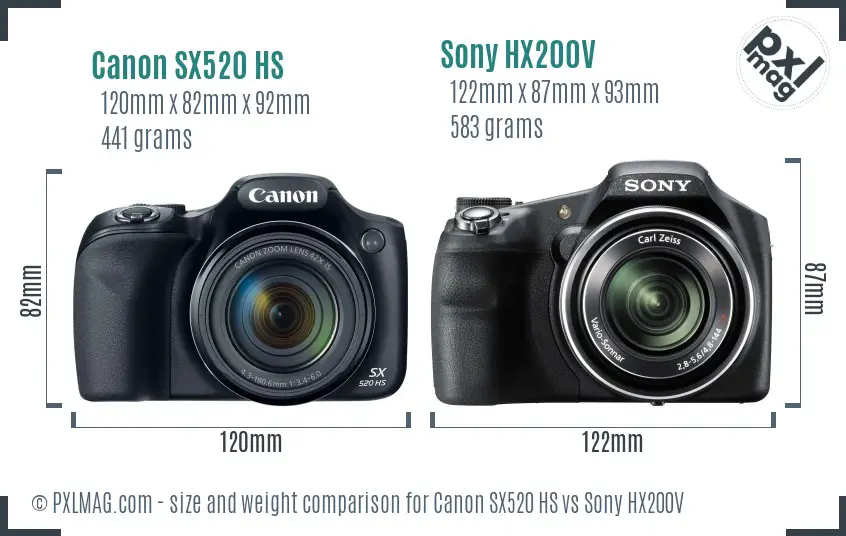 Canon SX520 HS vs Sony HX200V size comparison