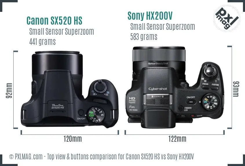 Canon SX520 HS vs Sony HX200V top view buttons comparison