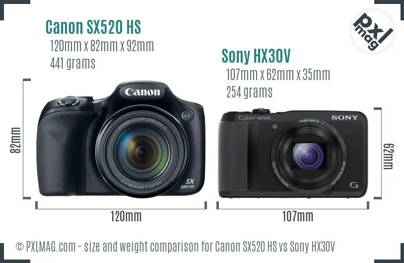 Canon SX520 HS vs Sony HX30V size comparison