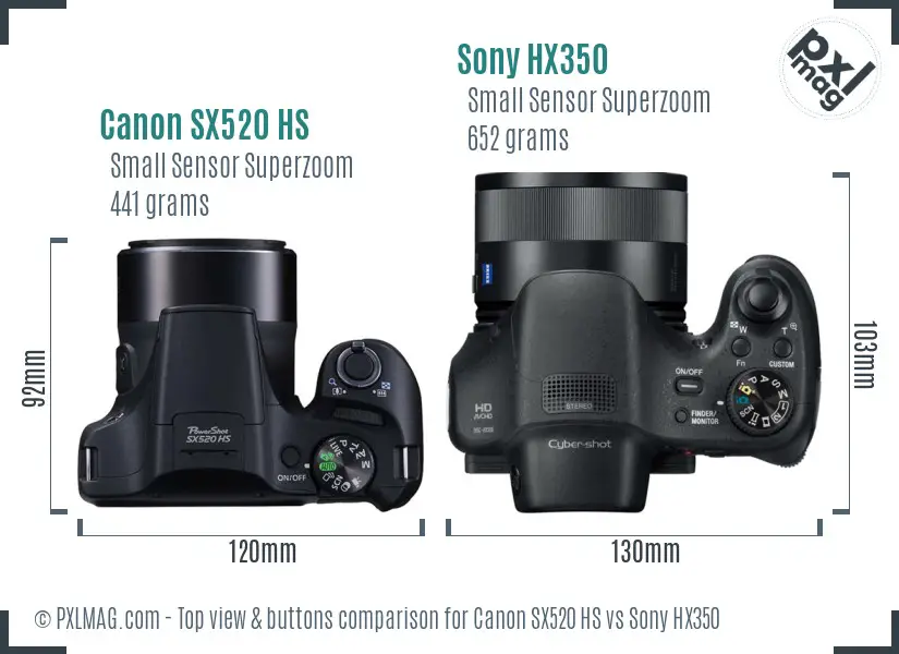 Canon SX520 HS vs Sony HX350 top view buttons comparison