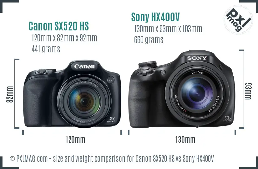 Canon SX520 HS vs Sony HX400V size comparison