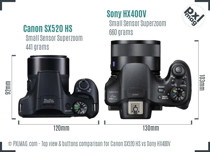 Canon SX520 HS vs Sony HX400V top view buttons comparison
