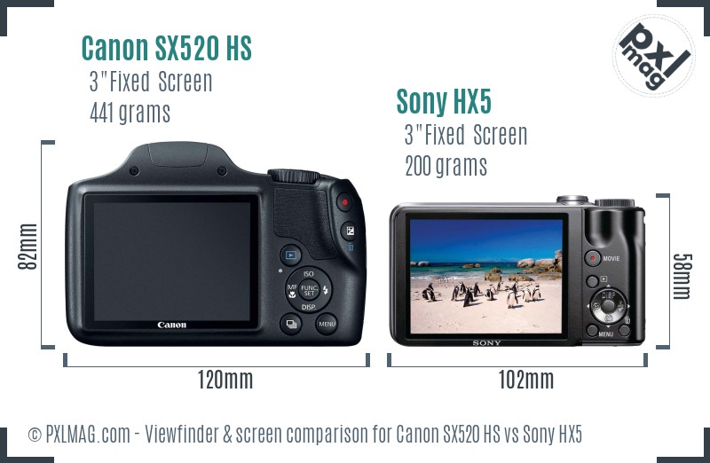 Canon SX520 HS vs Sony HX5 Screen and Viewfinder comparison
