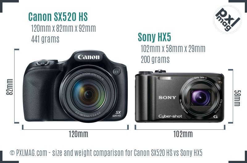 Canon SX520 HS vs Sony HX5 size comparison Canon SX520 HS vs Sony HX5 size comparison