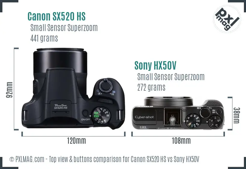 Canon SX520 HS vs Sony HX50V top view buttons comparison