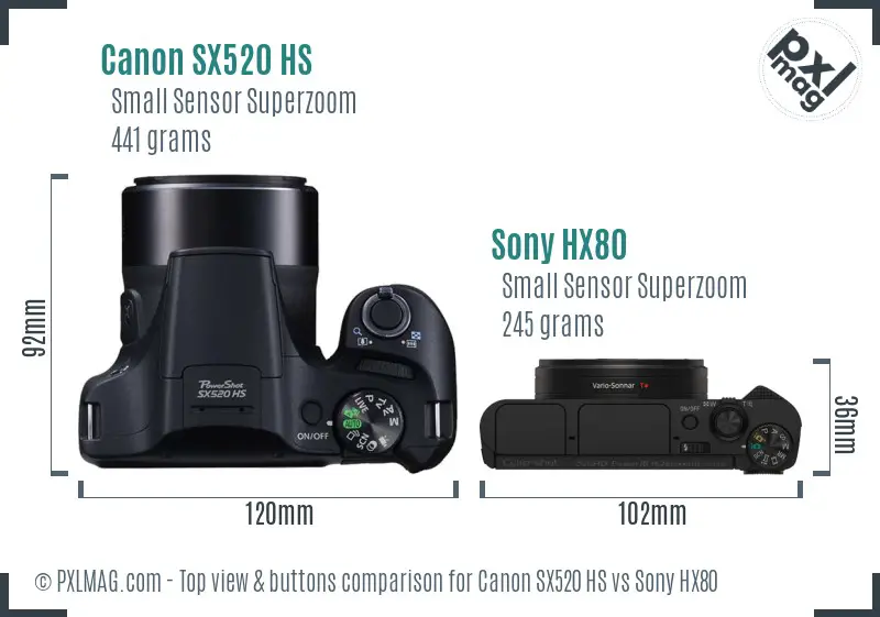 Canon SX520 HS vs Sony HX80 top view buttons comparison