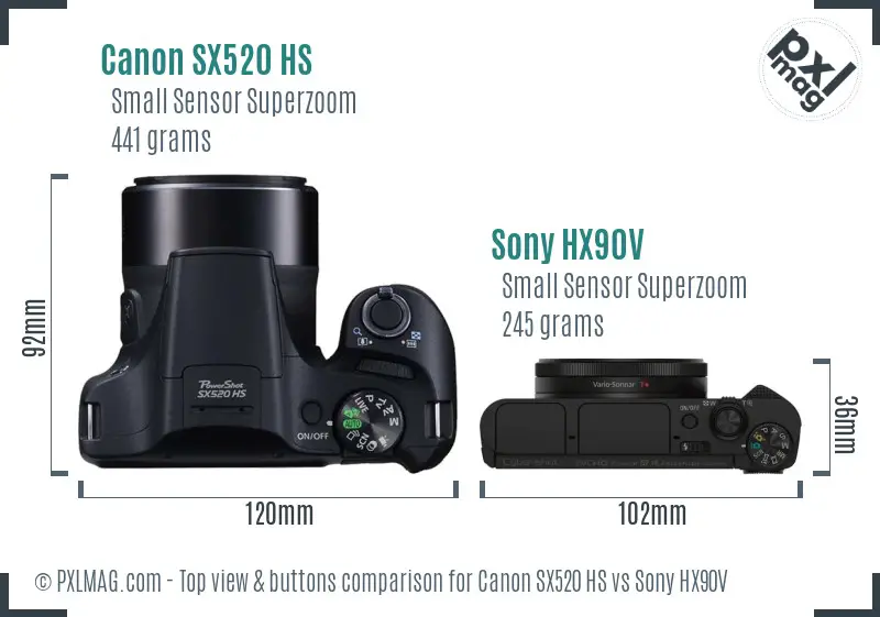 Canon SX520 HS vs Sony HX90V top view buttons comparison