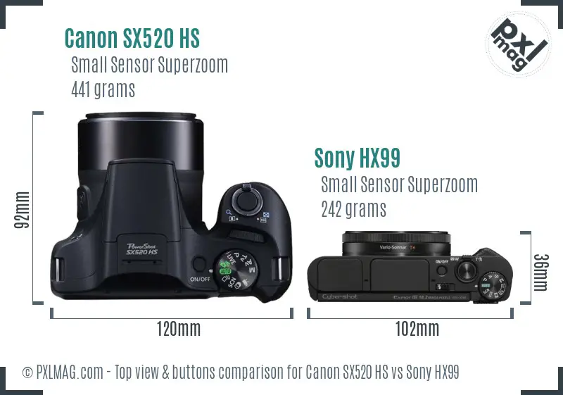 Canon SX520 HS vs Sony HX99 top view buttons comparison