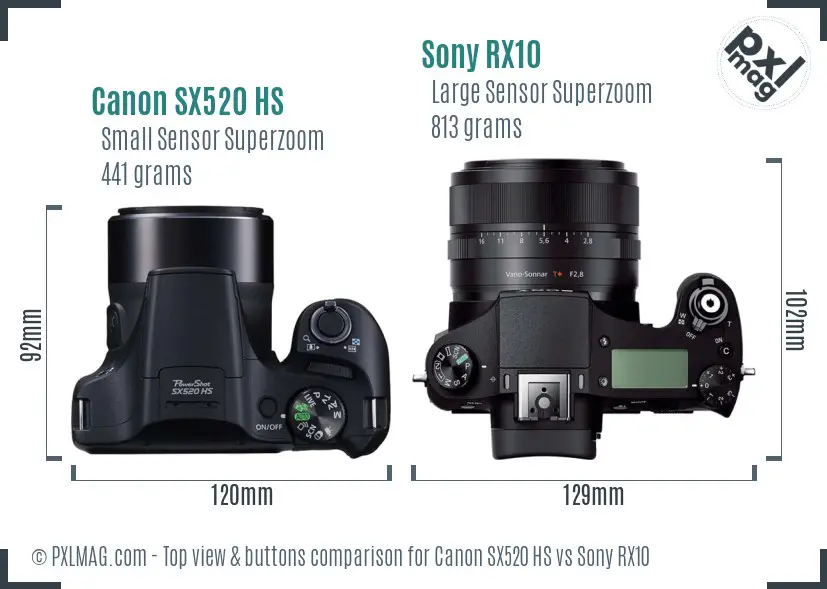 Canon SX520 HS vs Sony RX10 top view buttons comparison