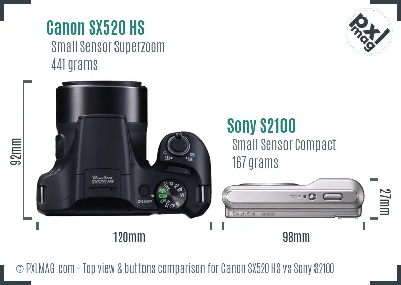 Canon SX520 HS vs Sony S2100 top view buttons comparison