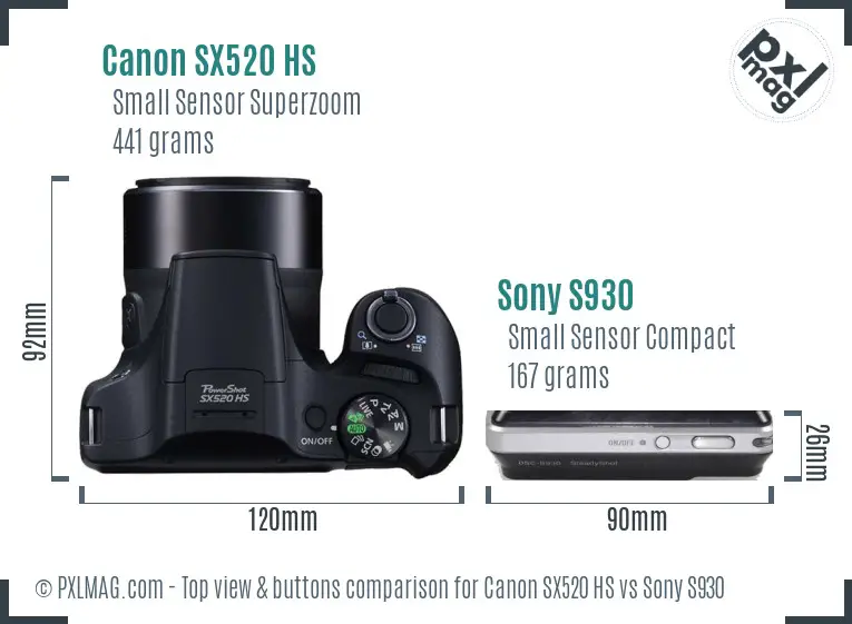 Canon SX520 HS vs Sony S930 top view buttons comparison Canon SX520 HS vs Sony S930 top view buttons comparison