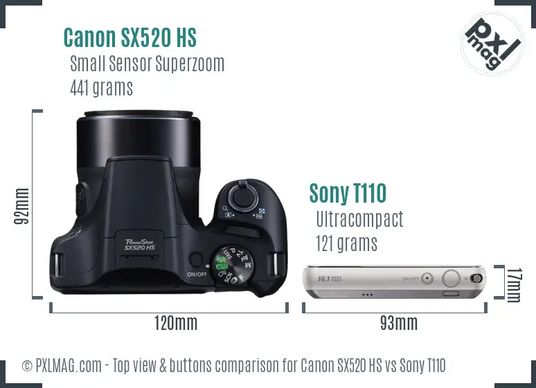 Canon SX520 HS vs Sony T110 top view buttons comparison