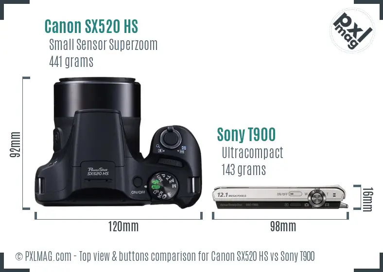 Canon SX520 HS vs Sony T900 top view buttons comparison