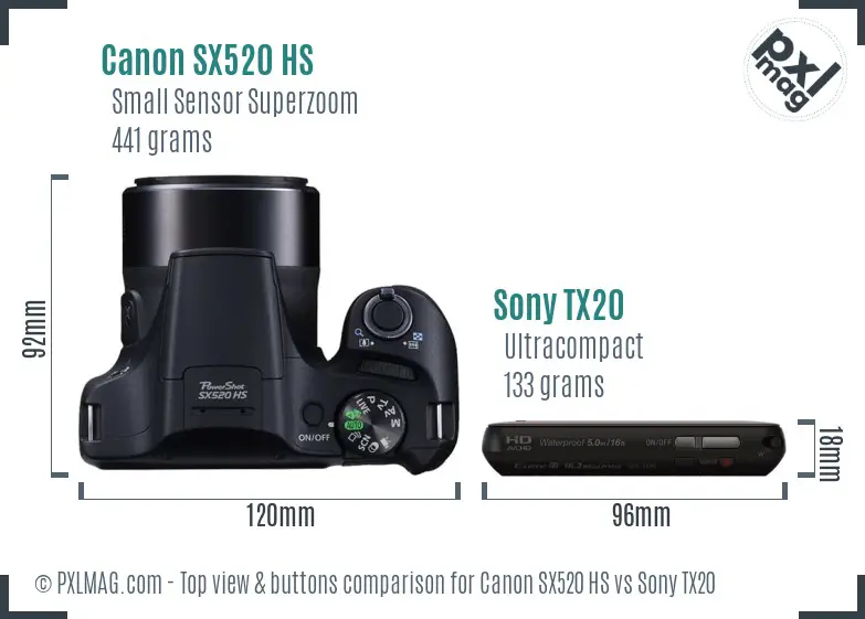 Canon SX520 HS vs Sony TX20 top view buttons comparison