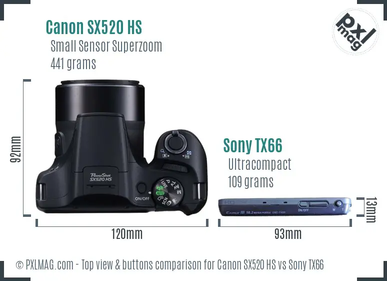 Canon SX520 HS vs Sony TX66 top view buttons comparison Canon SX520 HS vs Sony TX66 top view buttons comparison