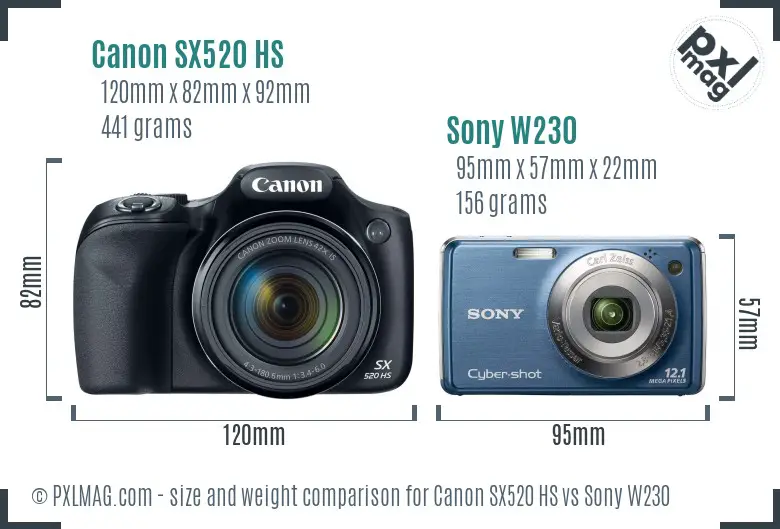 Canon SX520 HS vs Sony W230 size comparison