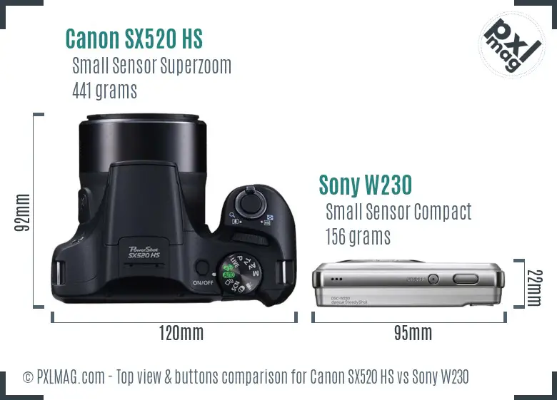 Canon SX520 HS vs Sony W230 top view buttons comparison