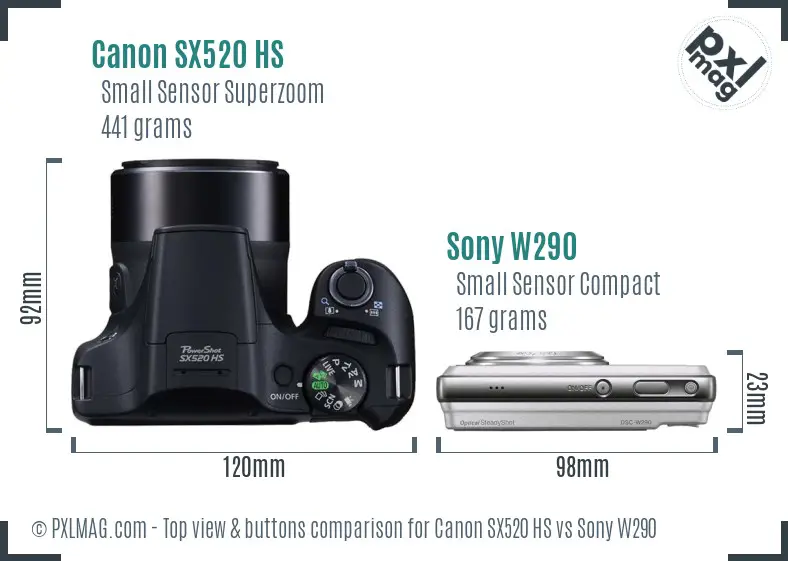 Canon SX520 HS vs Sony W290 top view buttons comparison