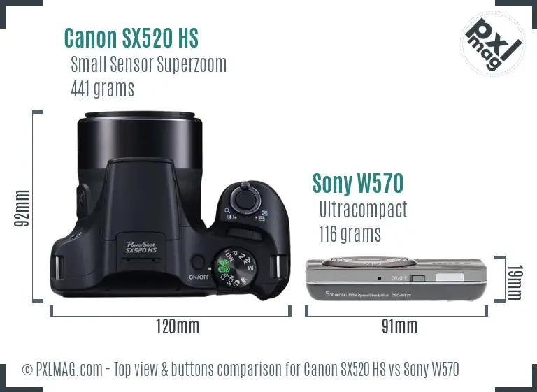 Canon SX520 HS vs Sony W570 top view buttons comparison