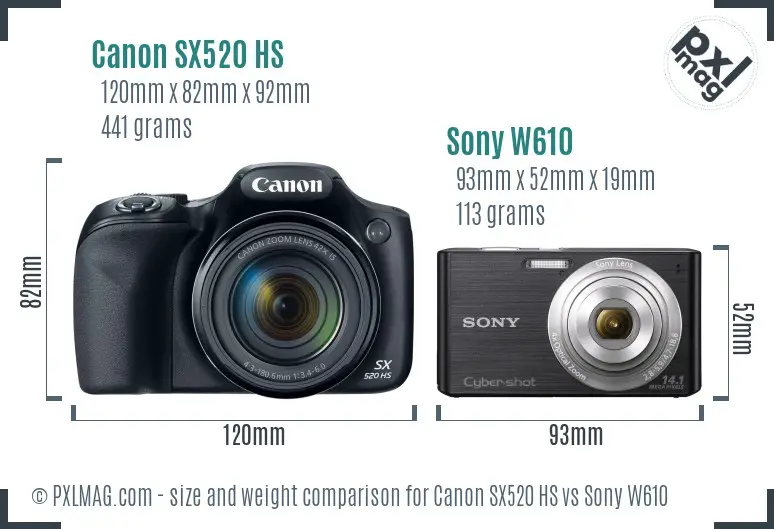 Canon SX520 HS vs Sony W610 size comparison