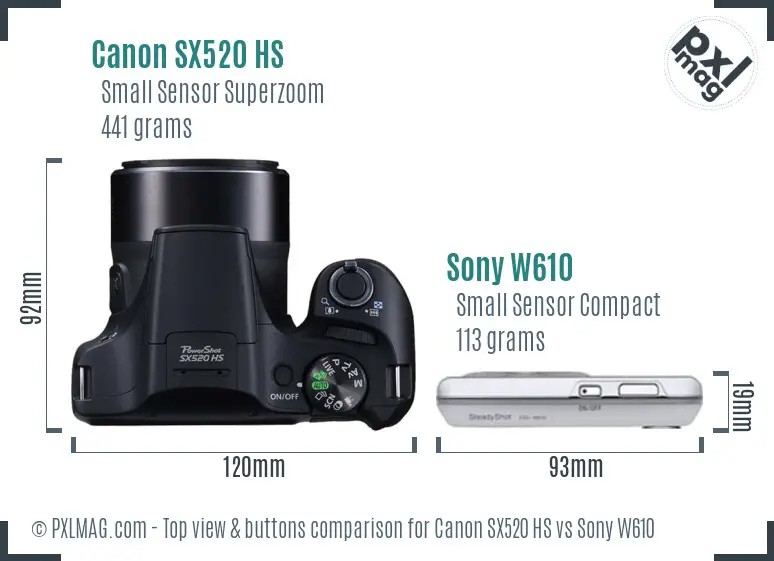 Canon SX520 HS vs Sony W610 top view buttons comparison