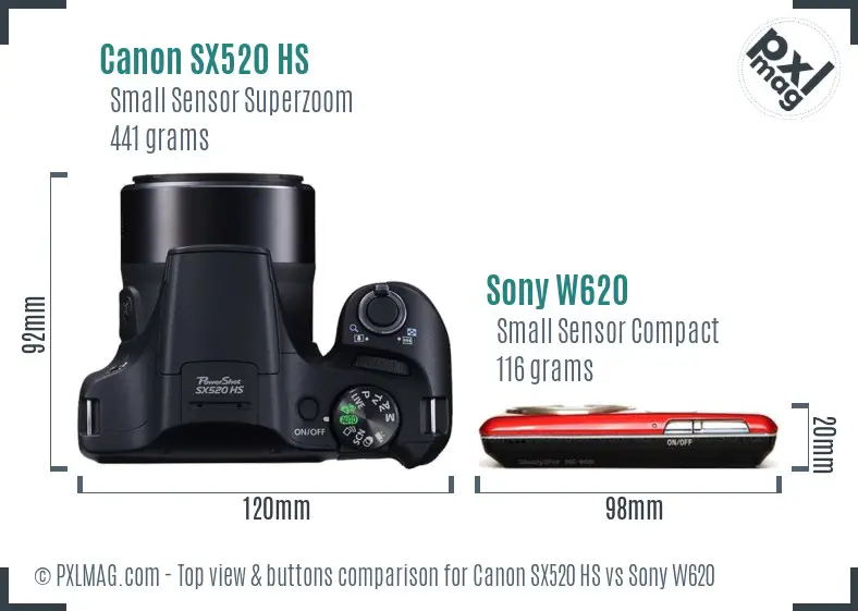 Canon SX520 HS vs Sony W620 top view buttons comparison Canon SX520 HS vs Sony W620 top view buttons comparison