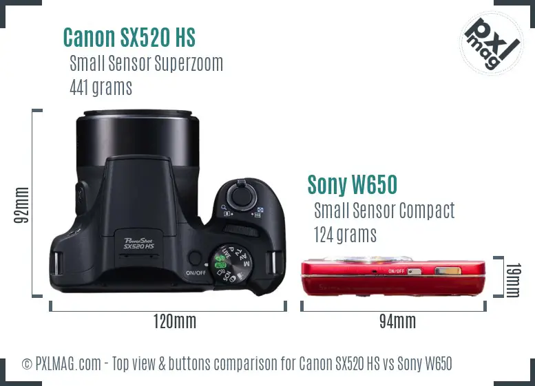 Canon SX520 HS vs Sony W650 top view buttons comparison Canon SX520 HS vs Sony W650 top view buttons comparison