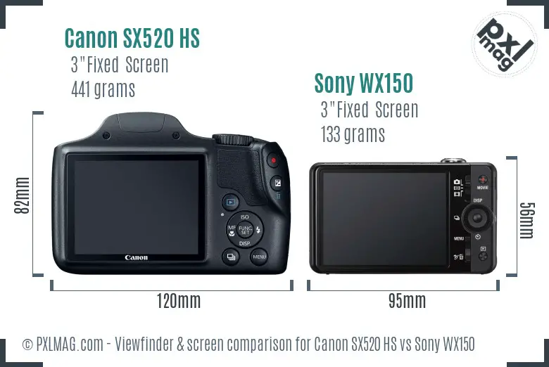 Canon SX520 HS vs Sony WX150 Screen and Viewfinder comparison