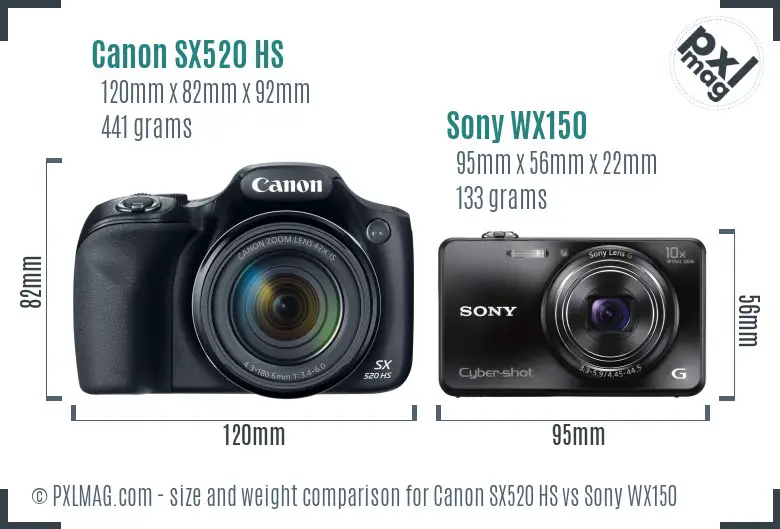 Canon SX520 HS vs Sony WX150 size comparison