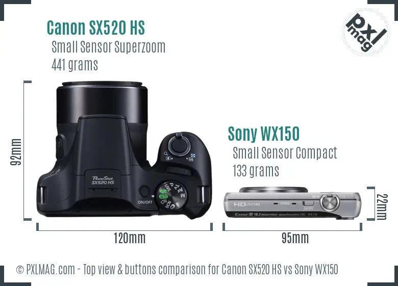 Canon SX520 HS vs Sony WX150 top view buttons comparison