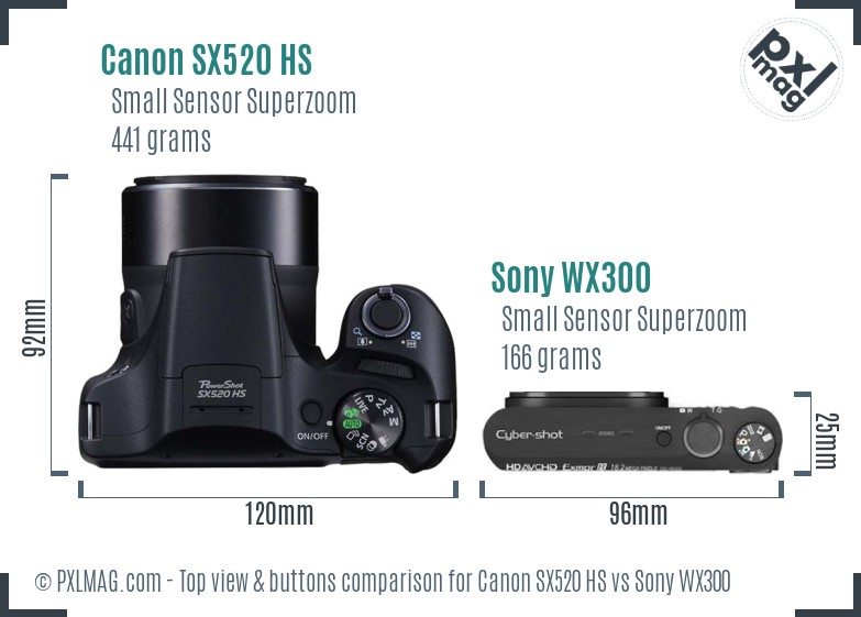 Canon SX520 HS vs Sony WX300 top view buttons comparison
