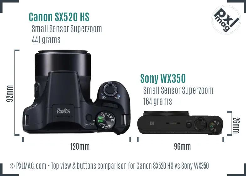 Canon SX520 HS vs Sony WX350 top view buttons comparison