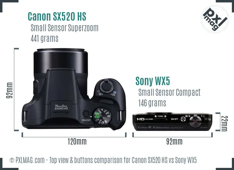 Canon SX520 HS vs Sony WX5 top view buttons comparison