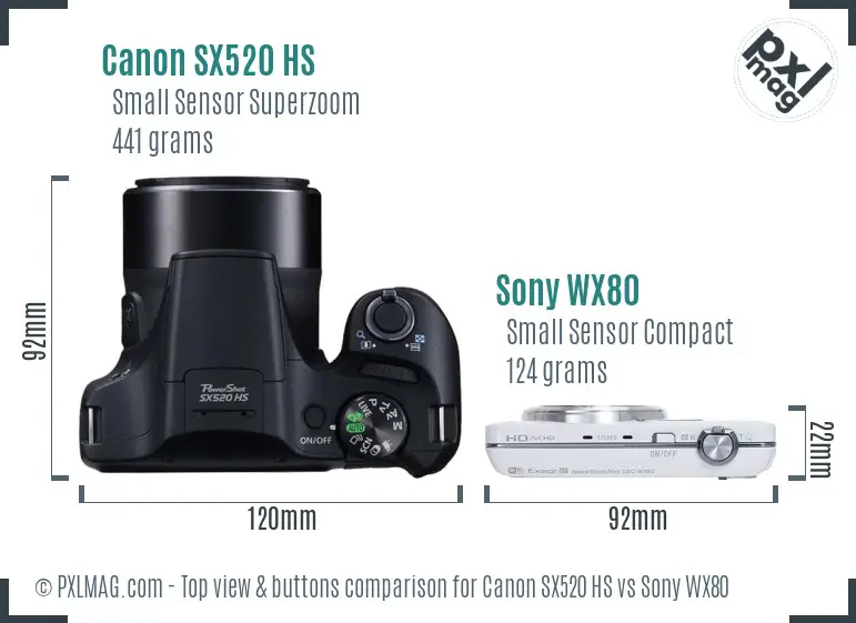 Canon SX520 HS vs Sony WX80 top view buttons comparison