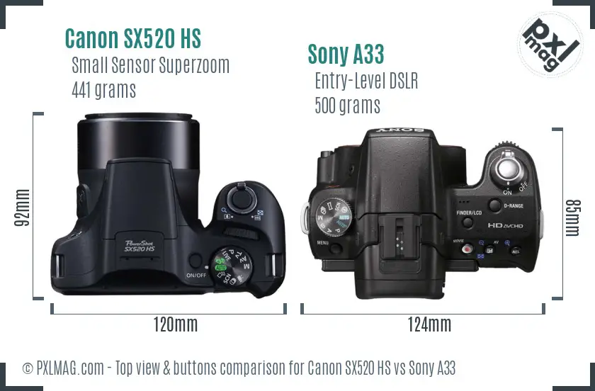 Canon SX520 HS vs Sony A33 top view buttons comparison