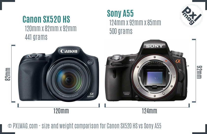 Canon SX520 HS vs Sony A55 size comparison