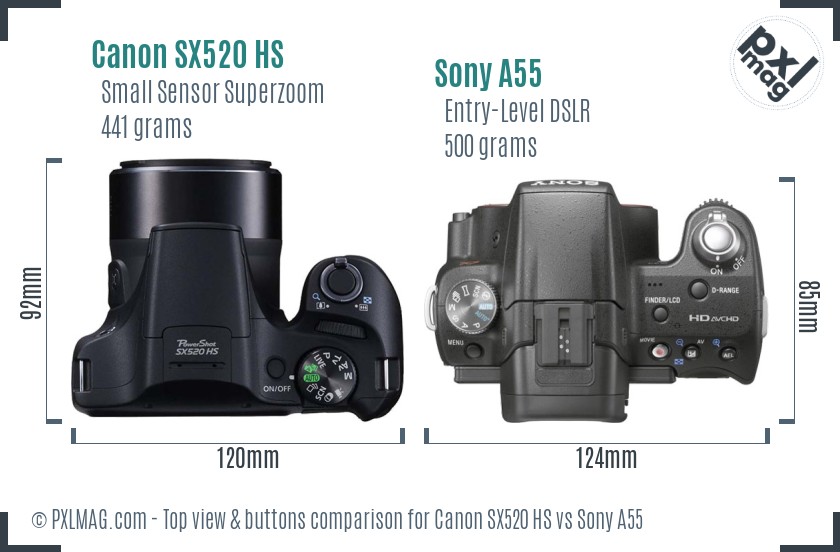 Canon SX520 HS vs Sony A55 top view buttons comparison
