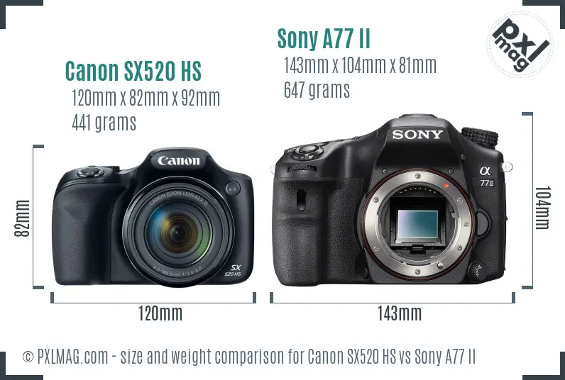 Canon SX520 HS vs Sony A77 II size comparison