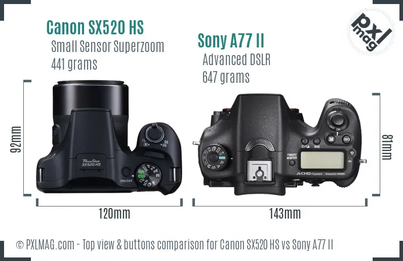 Canon SX520 HS vs Sony A77 II top view buttons comparison