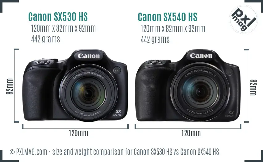 Canon SX530 HS vs Canon SX540 HS size comparison
