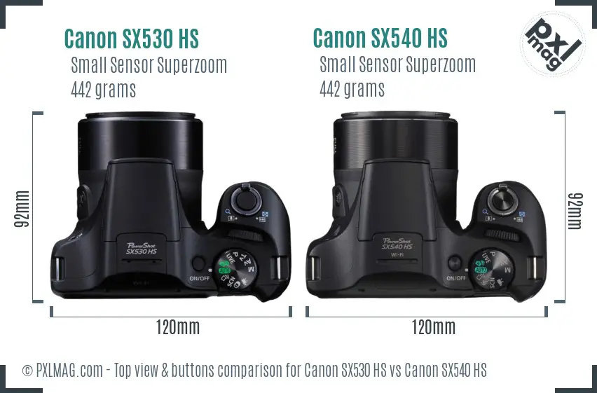 Canon SX530 HS vs Canon SX540 HS top view buttons comparison