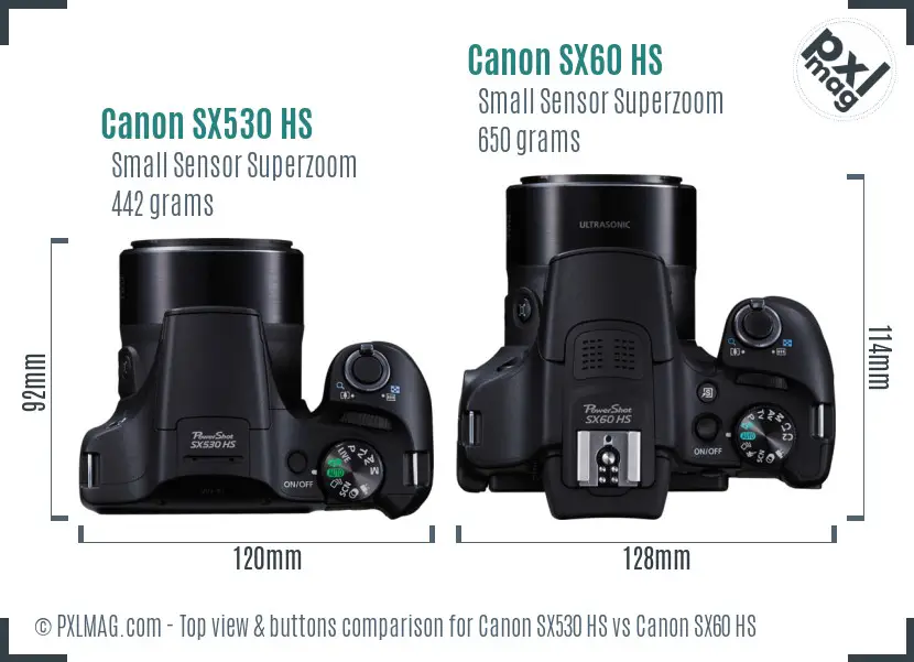 Canon SX530 HS vs Canon SX60 HS top view buttons comparison
