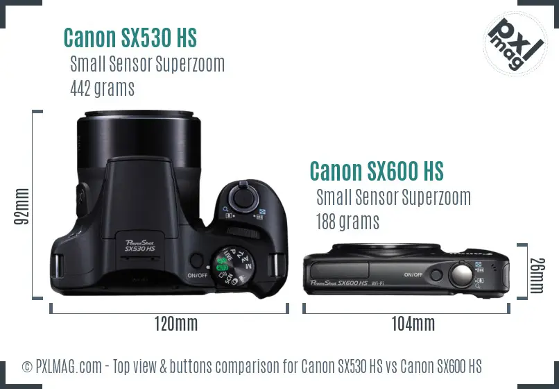Canon SX530 HS vs Canon SX600 HS top view buttons comparison