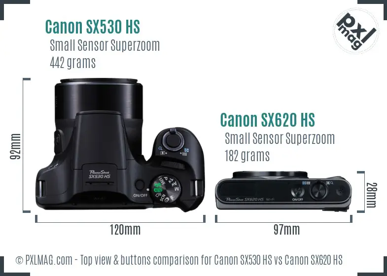 Canon SX530 HS vs Canon SX620 HS top view buttons comparison