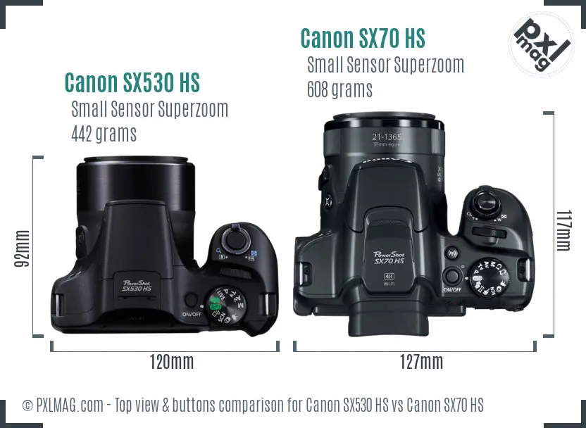 Canon SX530 HS vs Canon SX70 HS top view buttons comparison