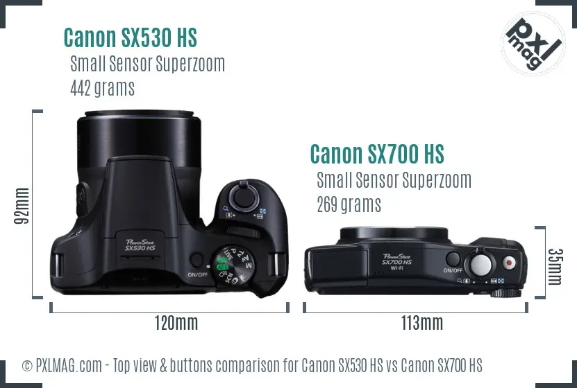 Canon SX530 HS vs Canon SX700 HS top view buttons comparison