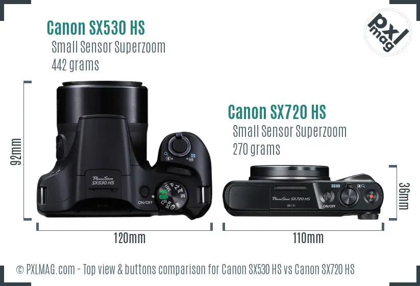 Canon SX530 HS vs Canon SX720 HS top view buttons comparison